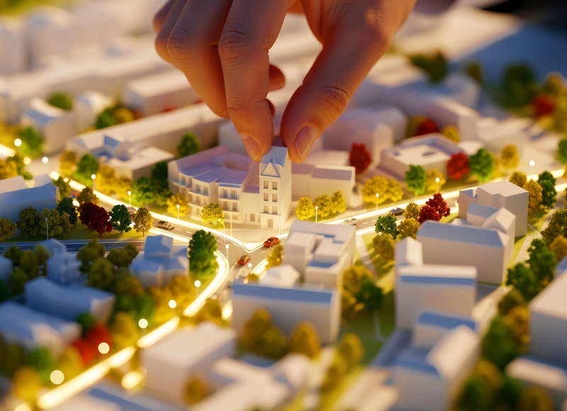 Eine Hand platziert ein Gebäude in einem Miniaturmodell einer Stadt.