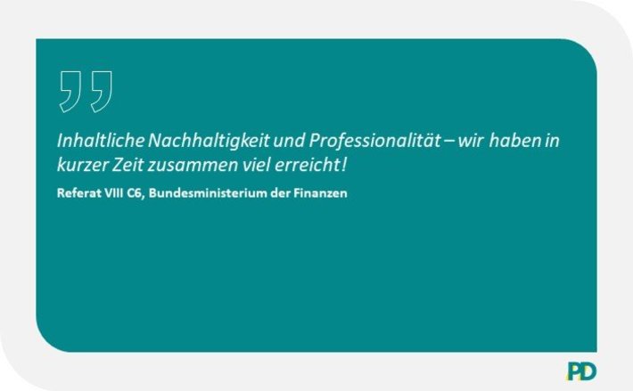 Eine Zitat des Bundesministeriums der Finanzen zur Zusammenarbeit im Rahmen des Schul-IT-Navigators: "Inhaltliche Nachhaltigkeit und Professionalität - wir haben in kurzer Zeit zusammen viel erreicht!"