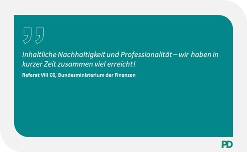Eine Zitat des Bundesministeriums der Finanzen zur Zusammenarbeit im Rahmen des Schul-IT-Navigators: "Inhaltliche Nachhaltigkeit und Professionalität - wir haben in kurzer Zeit zusammen viel erreicht!"