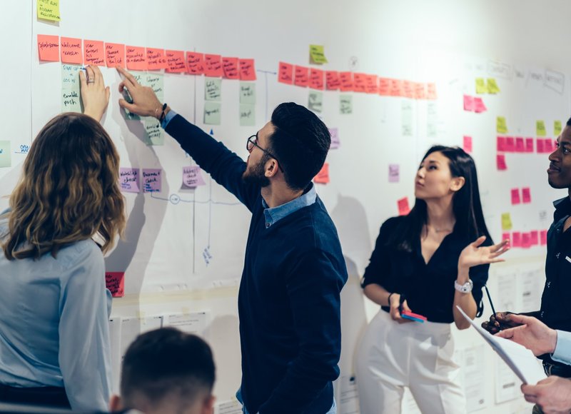 Ein Team steht vor einer mit Post-its strukturierten Arbeitswand. Zwei Personen im Vordergrund zeigen auf ausgewählte Notizen, während die übrigen Teammitglieder dies aufmerksam verfolgen.