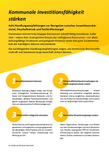 Link zum Flyer der PD-Perspektiven Studie: Acht Handlungsempfehlungen zur Stärkung der kommunalen Investitionsfähigkeit"